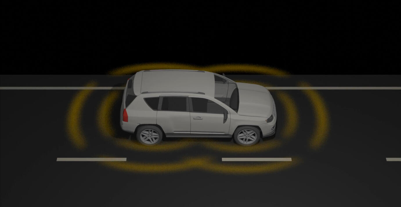 Vehicle with a halo of AI enhanced radar sensing around it, enhancing safety and autonomous perception.